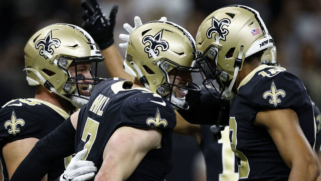 NEW ORLEANS, LOUISIANA - OCTOBER 09: Taysom Hill #7 of the New Orleans Saints reacts after a touchdown against the Seattle Seahawks at Caesars Superdome on October 09, 2022 in New Orleans, Louisiana.