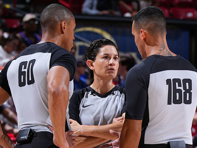 LAS VEGAS, NV - JULY 11: Referee Cheryl Flores #117 talks with referees Robert Hussy #60 and Italo Araujo #168 during the game between the New York Knicks and Portland Trail Blazers during the 2022 Las Vegas Summer League on July 11, 2022 at the Thomas & Mack Center in Las Vegas, Nevada NOTE TO USER: User expressly acknowledges and agrees that, by downloading and/or using this Photograph, user is consenting to the terms and conditions of the Getty Images License Agreement. Mandatory Copyright Notice: Copyright 2022 NBAE