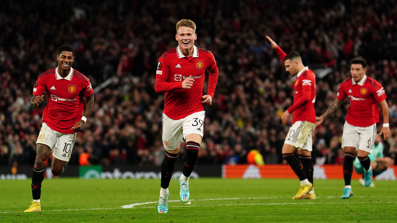 Manchester United's Scott McTominay celebrates scoring their side's first goal of the game during the UEFA Europa League group E match at Old Trafford, Manchester. Picture date: Thursday October 13, 2022.
