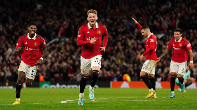 Manchester United's Scott McTominay celebrates scoring their side's first goal of the game during the UEFA Europa League group E match at Old Trafford, Manchester. Picture date: Thursday October 13, 2022.