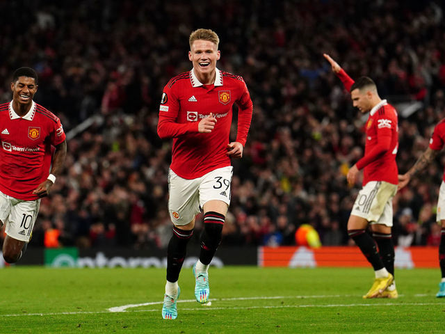 Manchester United's Scott McTominay celebrates scoring their side's first goal of the game during the UEFA Europa League group E match at Old Trafford, Manchester. Picture date: Thursday October 13, 2022.