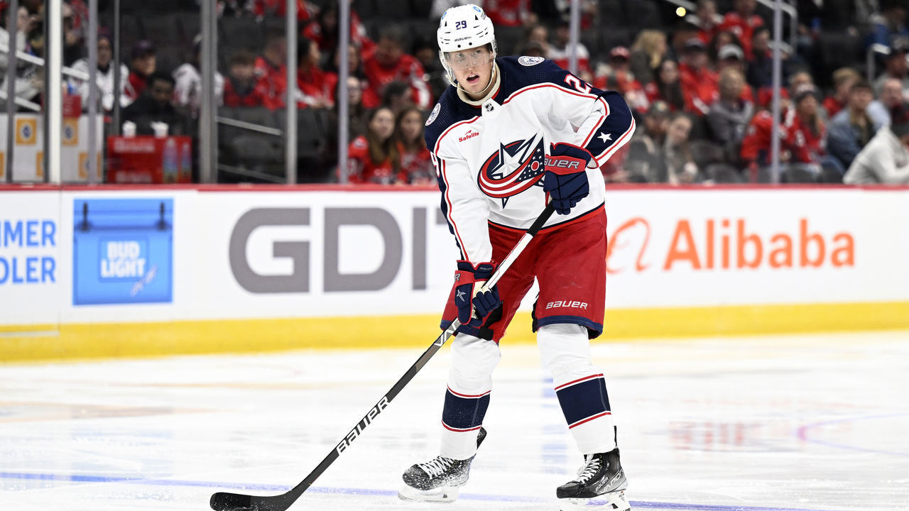 WASHINGTON, DC - OCTOBER 08: Patrik Laine #29 of the Columbus Blue Jackets handles the puck against the Washington Capitals during a preseason game at Capital One Arena on October 08, 2022 in Washington, DC.