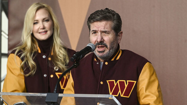 LANDOVER, MD - FEBRUARY 2: Washington Commanders co-CEOs and co-owners Dan and Tanya Snyder, make remarks during the team name reveal event at FedEx Field.
