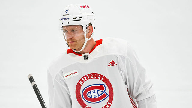 BROSSARD, QC - SEPTEMBER 22: Look on Montreal Canadiens defenceman Mike Matheson (8) during the Montreal Canadiens Camp on September 22, 2022, at Bell Sports Complex in Brossard, QC