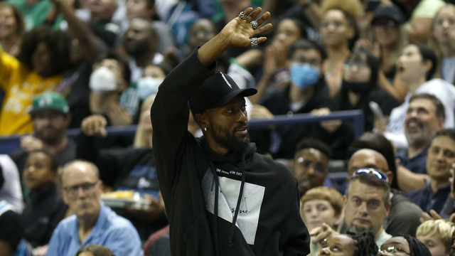 GREENSBORO, NORTH CAROLINA - OCTOBER 07: Former Charlotte Hornets' player Kemba Walker attends the game between the Charlotte Hornets and the Boston Celtics at Greensboro Coliseum Complex on October 07, 2022 in Greensboro, North Carolina.