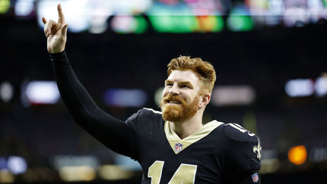 NEW ORLEANS, LOUISIANA - OCTOBER 09: Andy Dalton #14 of the New Orleans Saints reacts after defeating the Seattle Seahawks at Caesars Superdome on October 09, 2022 in New Orleans, Louisiana.