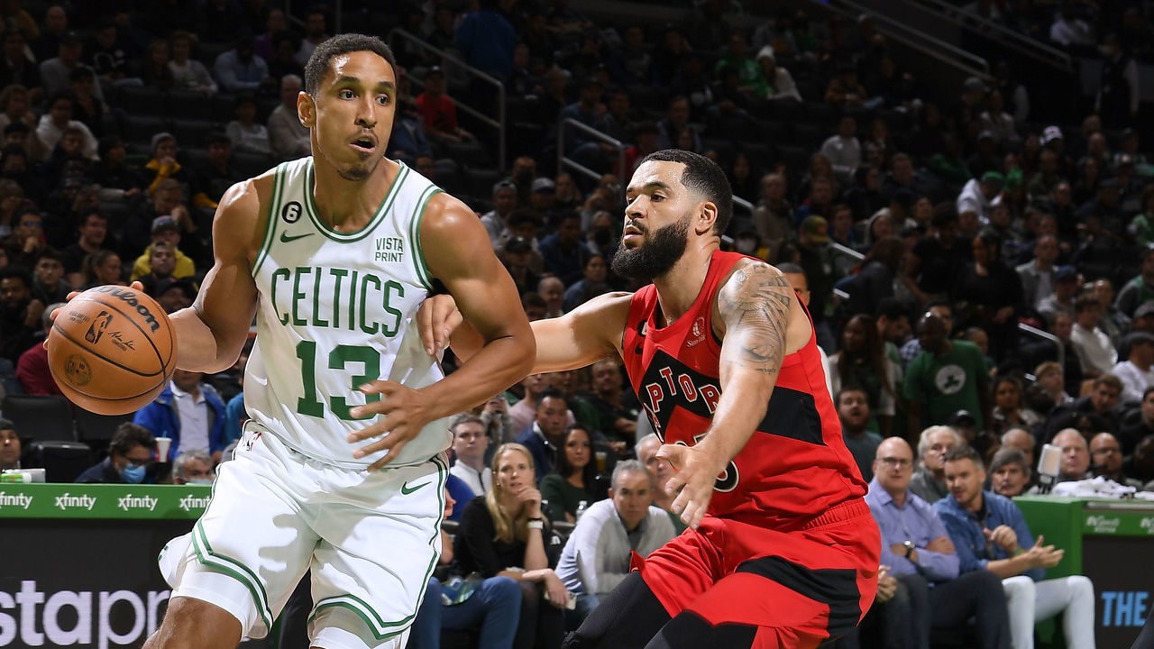 BOSTON, MA - OCTOBER 5: Malcolm Brogdon #13 of the Boston Celtics drives to the basket during the game against the Toronto Raptors on October 5, 2022 at the TD Garden in Boston, Massachusetts. Mandatory Copyright Notice: Copyright 2022 NBAE
