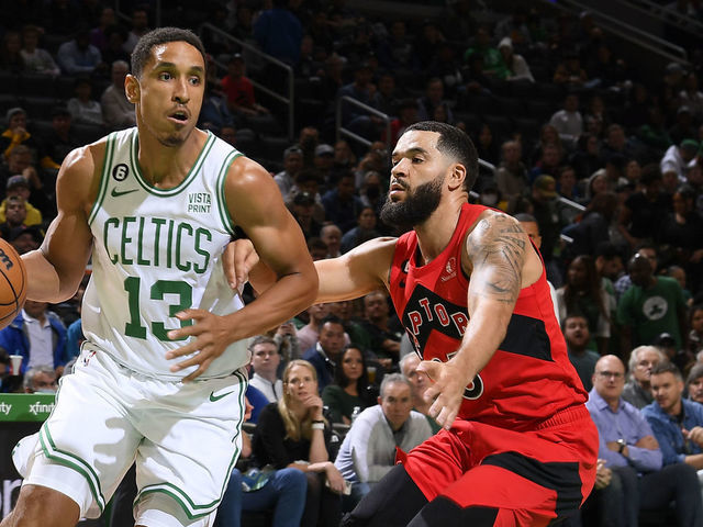 BOSTON, MA - OCTOBER 5: Malcolm Brogdon #13 of the Boston Celtics drives to the basket during the game against the Toronto Raptors on October 5, 2022 at the TD Garden in Boston, Massachusetts. Mandatory Copyright Notice: Copyright 2022 NBAE
