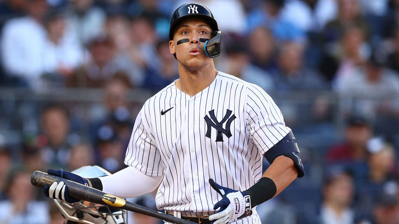 NEW YORK, NEW YORK - OCTOBER 14: Aaron Judge #99 of the New York Yankees reacts after striking out during the seventh inning against the Cleveland Guardians in game two of the American League Division Series at Yankee Stadium on October 14, 2022 in New York, New York.