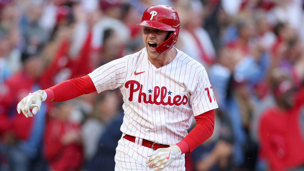 PHILADELPHIA, PENNSYLVANIA - OCTOBER 14: Rhys Hoskins #17 of the Philadelphia Phillies celebrates after hitting a three run home run against Spencer Strider #65 of the Atlanta Braves during the third inning in game three of the National League Division Series at Citizens Bank Park on October 14, 2022 in Philadelphia, Pennsylvania.