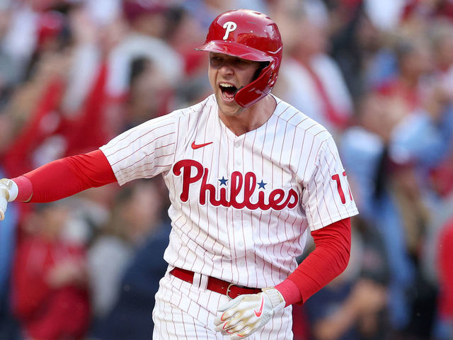 PHILADELPHIA, PENNSYLVANIA - OCTOBER 14: Rhys Hoskins #17 of the Philadelphia Phillies celebrates after hitting a three run home run against Spencer Strider #65 of the Atlanta Braves during the third inning in game three of the National League Division Series at Citizens Bank Park on October 14, 2022 in Philadelphia, Pennsylvania.