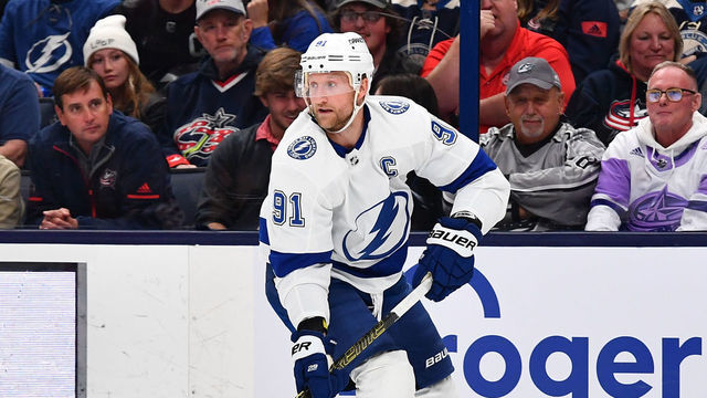 COLUMBUS, OHIO - OCTOBER 14: Steven Stamkos #91 of the Tampa Bay Lightning skates with the puck during the second period of a game against the Columbus Blue Jackets at Nationwide Arena on October 14, 2022 in Columbus, Ohio.