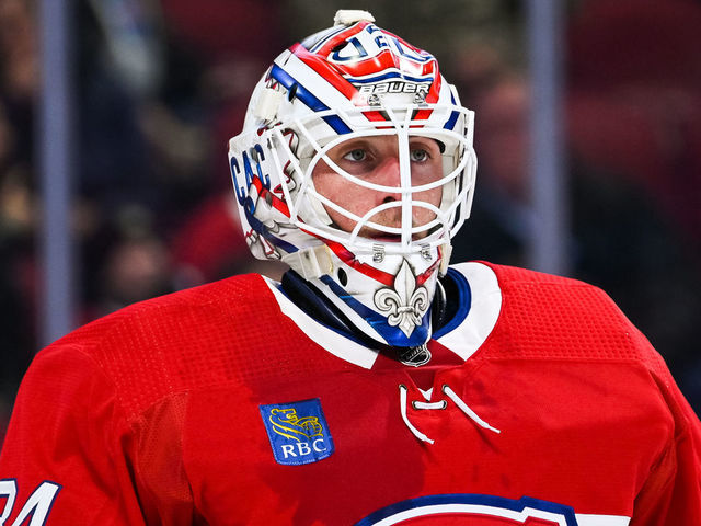 MONTREAL, QC - OCTOBER 12: Look on Montreal Canadiens goalie Jake Allen (34) during the Toronto Maple Leafs versus the Montreal Canadiens game on October 12, 2022, at Bell Centre in Montreal, QC