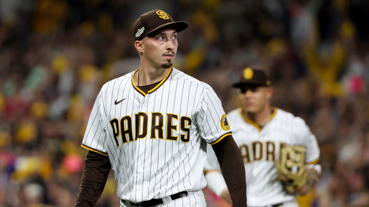SAN DIEGO, CALIFORNIA - OCTOBER 14: Blake Snell #4 of the San Diego Padres looks on against the Los Angeles Dodgers during the third inning in game three of the National League Division Series at PETCO Park on October 14, 2022 in San Diego, California.