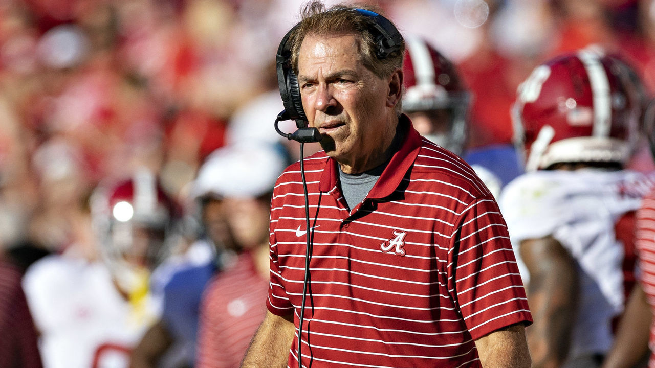 FAYETTEVILLE, ARKANSAS - OCTOBER 1: Head Coach Nick Saban of the Alabama Crimson Tide on the sidelines during a game against the Arkansas Razorbacks at Donald W. Reynolds Razorback Stadium on October 1, 2022 in Fayetteville, Arkansas. The Crimson Tide defeated the Razorbacks 49-26.
