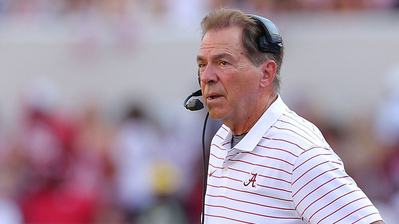 TUSCALOOSA, ALABAMA - SEPTEMBER 17: Head coach Nick Saban of the Alabama Crimson Tide looks on against the Louisiana Monroe Warhawks during the second quarter at Bryant-Denny Stadium on September 17, 2022 in Tuscaloosa, Alabama.