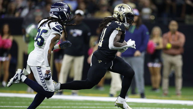 NEW ORLEANS, LOUISIANA - OCTOBER 09: Alvin Kamara #41 of the New Orleans Saints rushes the ball during the second quarter of the game against the Seattle Seahawks at Caesars Superdome on October 09, 2022 in New Orleans, Louisiana.