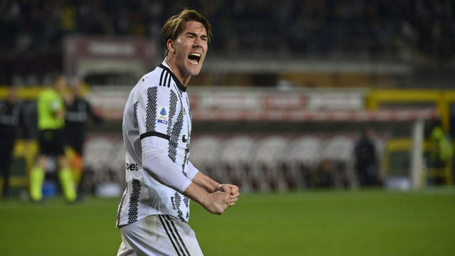 TURIN, ITALY - OCTOBER 15: Dusan Vlahovic of Juventus FC celebrates a goal during the Serie A match between Torino FC and Juventus at Stadio Olimpico di Torino on October 15, 2022 in Turin, Italy.