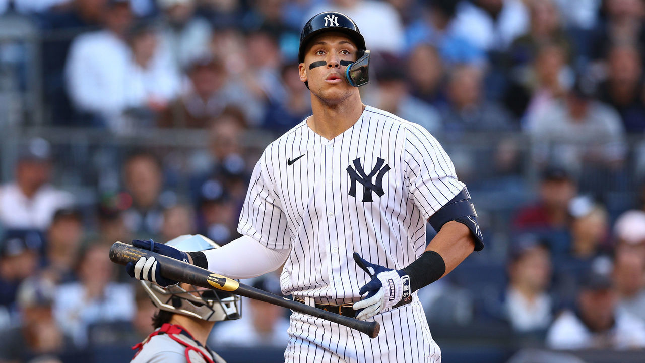 NEW YORK, NEW YORK - OCTOBER 14: Aaron Judge #99 of the New York Yankees reacts after striking out during the seventh inning against the Cleveland Guardians in game two of the American League Division Series at Yankee Stadium on October 14, 2022 in New York, New York.
