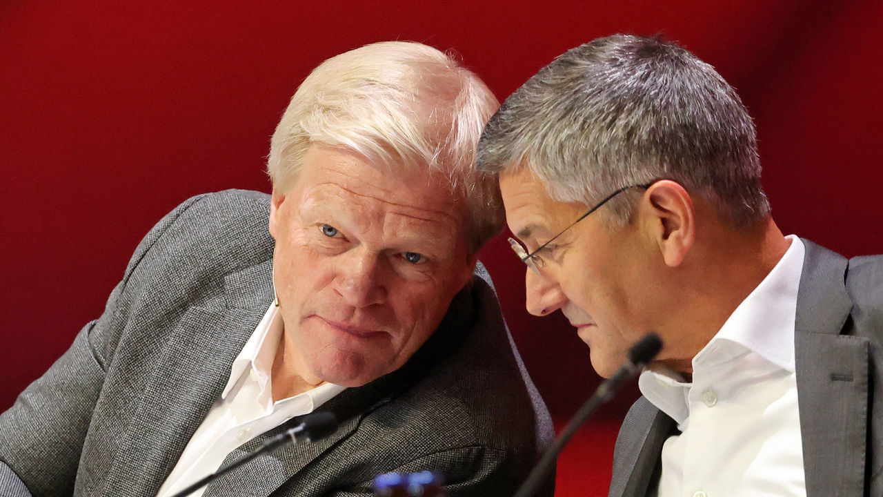MUNICH, GERMANY - OCTOBER 15: Oliver Kahn CEO of Bayern Muenchen and Herbert Hainer president of Bayern Muenchen during the annual general meeting of football club FC Bayern Muenchen at Audi Dome on October 15, 2022 in Munich, Germany.