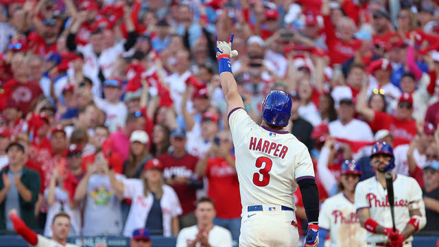 PHILADELPHIA, PENNSYLVANIA - OCTOBER 15: Bryce Harper #3 of the Philadelphia Phillies celebrates a home run against the Atlanta Braves during the eighth inning in game four of the National League Division Series at Citizens Bank Park on October 15, 2022 in Philadelphia, Pennsylvania.