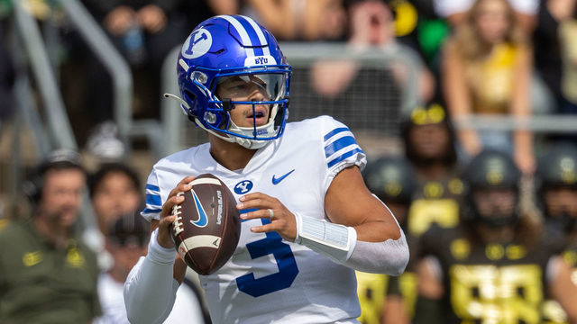 EUGENE, OR - SEPTEMBER 17: Quarterback Jaren Hall #3 of the Brigham Young Cougars passes the ball against the Oregon Ducks during the first half at Autzen Stadium on September 17, 2022 in Eugene, Oregon.