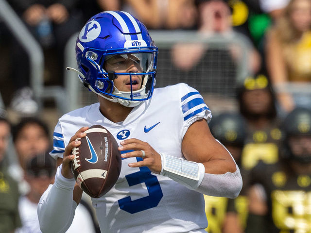 EUGENE, OR - SEPTEMBER 17: Quarterback Jaren Hall #3 of the Brigham Young Cougars passes the ball against the Oregon Ducks during the first half at Autzen Stadium on September 17, 2022 in Eugene, Oregon.