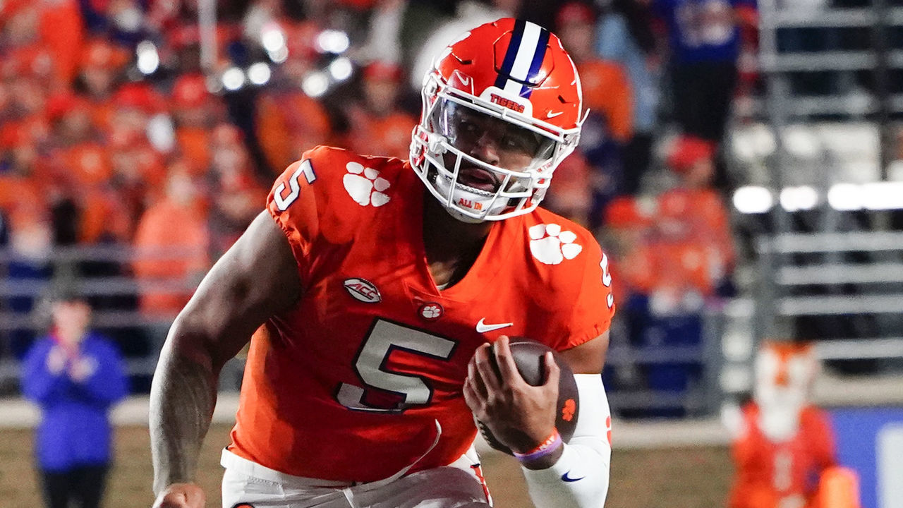 CHESTNUT HILL, MA - OCTOBER 08: Clemson Tigers Quarterback DJ Uiagalelei (5) runs with the ball during the second half of the college football game between the Clemson Tigers and the Boston College Eagles on October 8, 2022, at Alumni Stadium in Chestnut Hill, Ma.