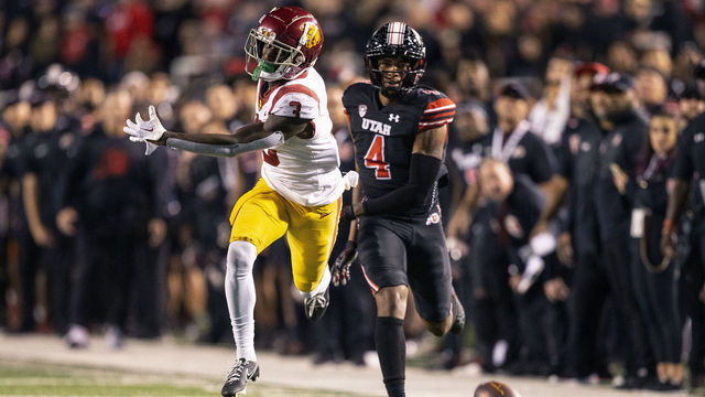 SALT LAKE CITY UT- OCTOBER 15: Jordan Addison #3 of the USC Trojans cant catch up with a pass while being defenced by JaTravis Broughton #4 during the first half of their game October 15, 2022 Rice-Eccles Stadium in Salt Lake City Utah.