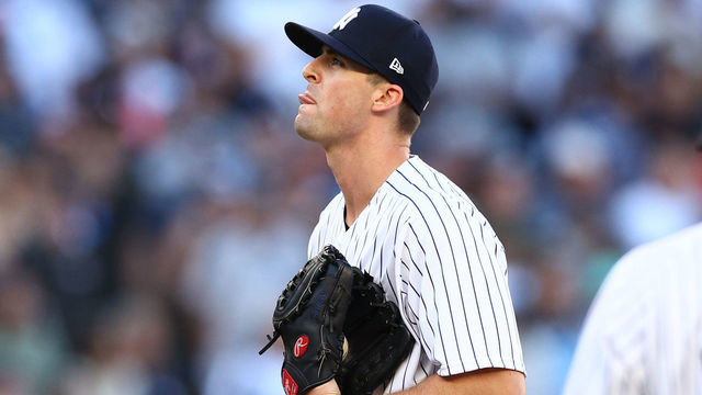 NEW YORK, NEW YORK - OCTOBER 14: Clay Holmes #35 of the New York Yankees reacts during the ninth inning against the Cleveland Guardians in game two of the American League Division Series at Yankee Stadium on October 14, 2022 in New York, New York.
