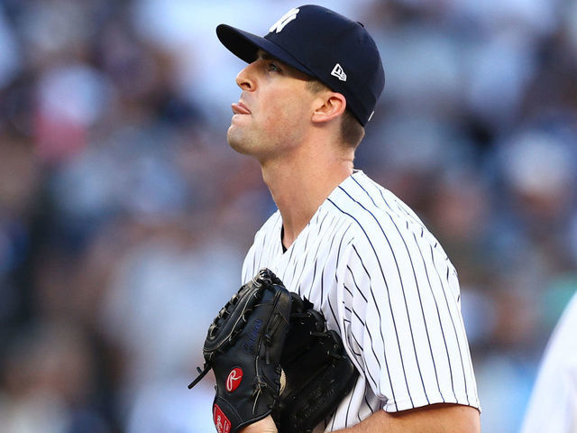 NEW YORK, NEW YORK - OCTOBER 14: Clay Holmes #35 of the New York Yankees reacts during the ninth inning against the Cleveland Guardians in game two of the American League Division Series at Yankee Stadium on October 14, 2022 in New York, New York.