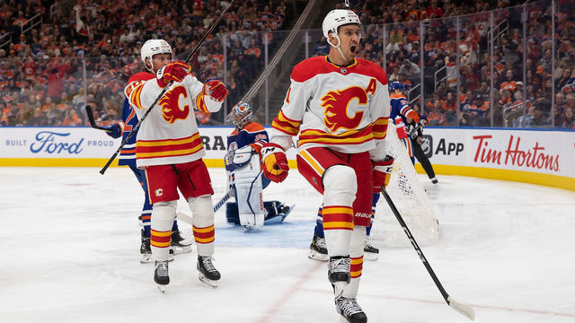 EDMONTON, AB - OCTOBER 15: Mikael Backlund #11 of the Calgary Flames celebrates a goal against the Edmonton Oilers during the first period at Rogers Place on October 15, 2022 in Edmonton, Canada.
