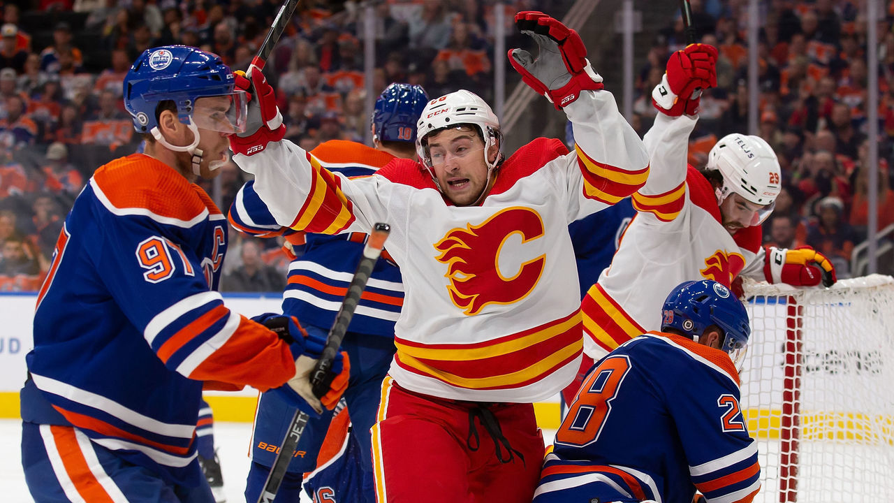 EDMONTON, AB - OCTOBER 15: Andrew Mangiapane #88 of the Calgary Flames celebrates a goal against the Edmonton Oilers during the first period at Rogers Place on October 15, 2022 in Edmonton, Canada.