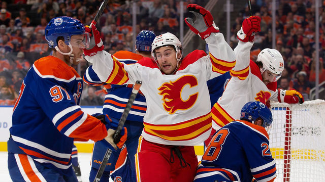 EDMONTON, AB - OCTOBER 15: Andrew Mangiapane #88 of the Calgary Flames celebrates a goal against the Edmonton Oilers during the first period at Rogers Place on October 15, 2022 in Edmonton, Canada.
