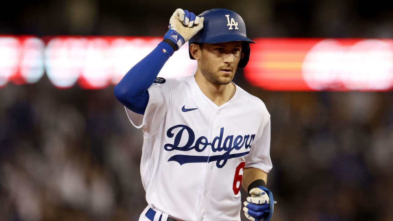 LOS ANGELES, CALIFORNIA - OCTOBER 11: Trea Turner #6 of the Los Angeles Dodgers rounds the bases after hitting a solo home run during the first inning in game one of the National League Division Series against the San Diego Padres at Dodger Stadium on October 11, 2022 in Los Angeles, California.