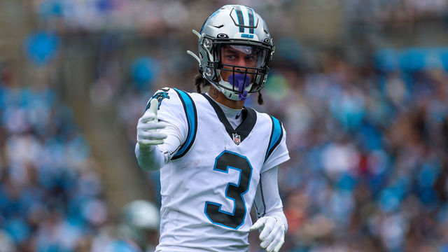 CHARLOTTE, NC - SEPTEMBER 25: Robbie Anderson (3) of the Carolina Panthers checks with the referee to make sure he is on the line of scrimmage during a football game between the Carolina Panthers and the New Orleans Saints on Sep 25, 2022, at Bank of America Stadium in Charlotte, NC.