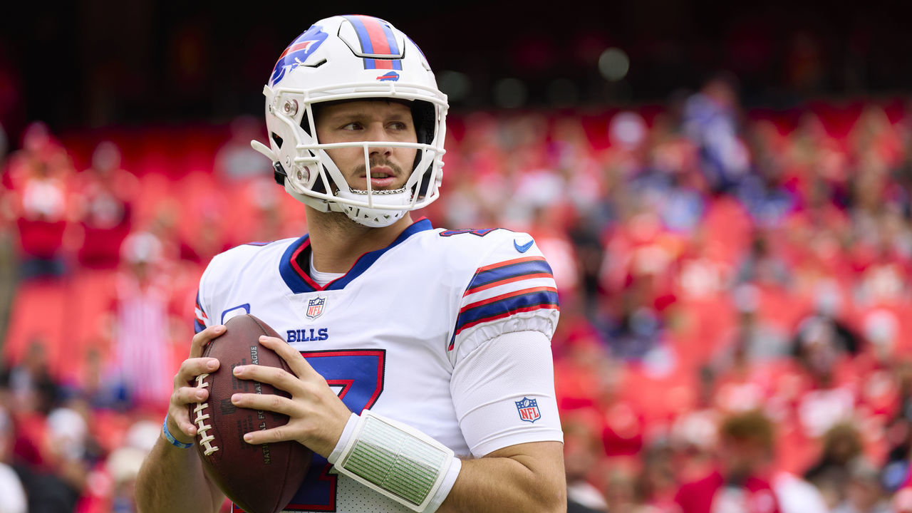 KANSAS CITY, MO - OCTOBER 16: Josh Allen #17 of the Buffalo Bills warms up before kickoff against the Kansas City Chiefs at GEHA Field at Arrowhead Stadium on October 16, 2022 in Kansas City, Missouri.