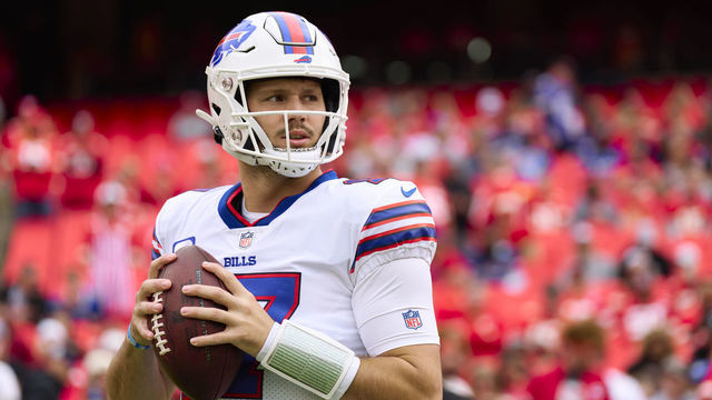 KANSAS CITY, MO - OCTOBER 16: Josh Allen #17 of the Buffalo Bills warms up before kickoff against the Kansas City Chiefs at GEHA Field at Arrowhead Stadium on October 16, 2022 in Kansas City, Missouri.