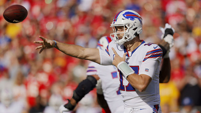 KANSAS CITY, MISSOURI - OCTOBER 16: Josh Allen #17 of the Buffalo Bills throws the ball during the first quarter against the Kansas City Chiefs at Arrowhead Stadium on October 16, 2022 in Kansas City, Missouri.