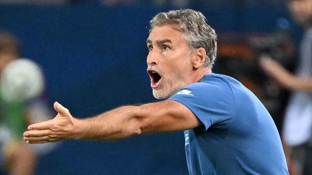 Montpellier's French head coach Olivier Dall'Oglio gestures during the French L1 football match between Montpellier Herault SC and AC Ajaccio at Stade de la Mosson in Montpellier, southern France on August 31, 2022.