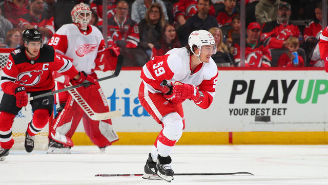 NEWARK, NJ - OCTOBER 15: Detroit Red Wings left wing Tyler Bertuzzi (59) skates to the bench after being hit in the hand with the puck in the second period of the game against the New Jersey Devils on October 15, 2022 at the Prudential Center in Newark, New Jersey.