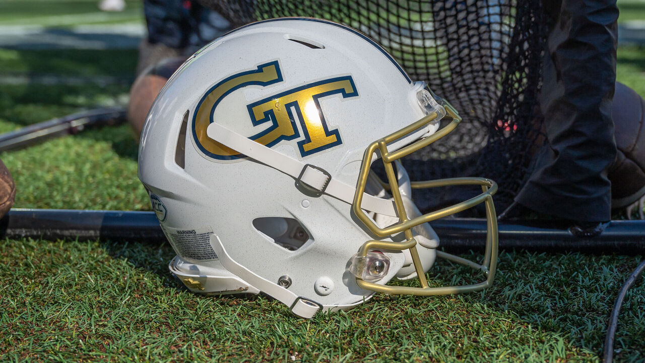 ATLANTA, GA - OCTOBER 08: Georgia Tech Yellow Jackets helmet during the college football game between the Duke Blue Devils and the Georgia Tech Yellow Jackets on October 08, 2022 at Bobby Dodd Stadium in Atlanta, GA.