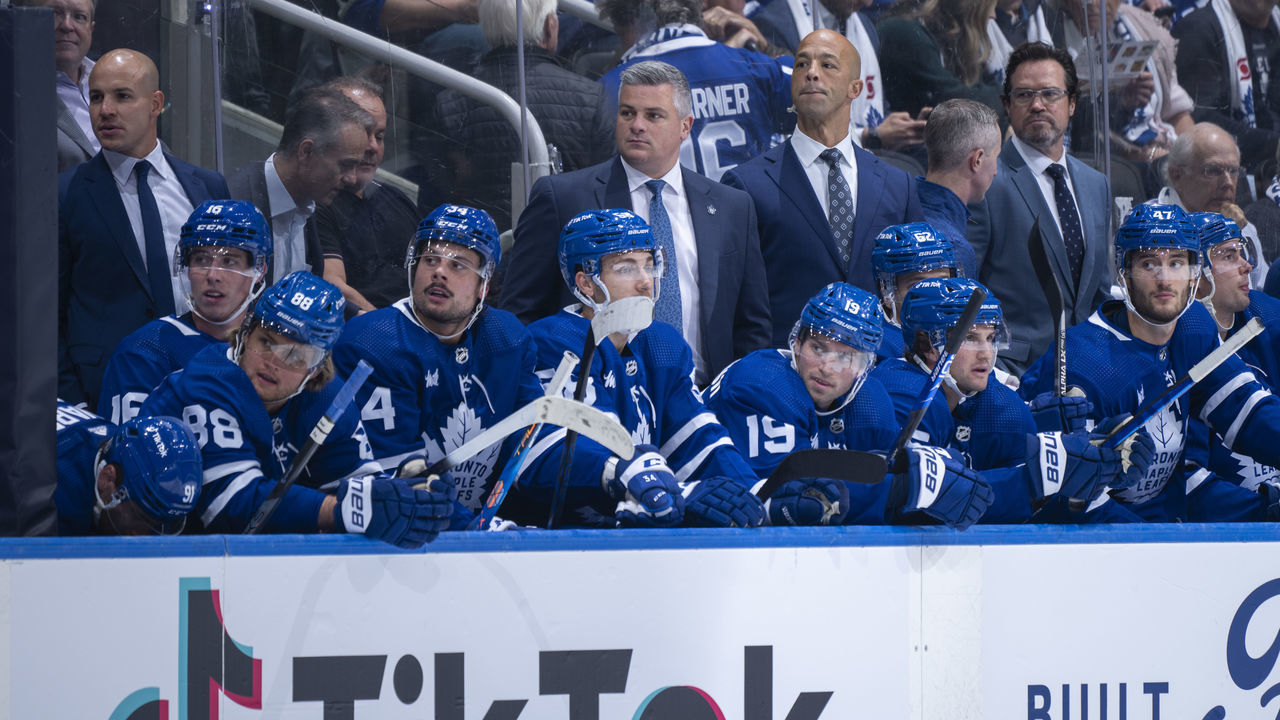 TORONTO, ON - OCTOBER 13: Assistant coaches Manny Malhotra, Dean Chynoweth, Spencer Carbery and head coach Sheldon Keefe of the Toronto Maple Leafs watch their team play the Washington Capitals during the first period at the Scotiabank Arena on October 13, 2022 in Toronto, Ontario, Canada.
