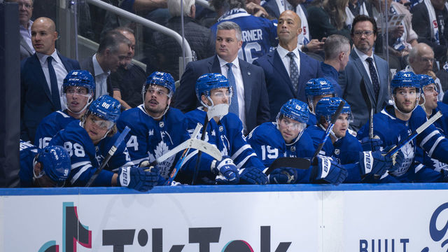 TORONTO, ON - OCTOBER 13: Assistant coaches Manny Malhotra, Dean Chynoweth, Spencer Carbery and head coach Sheldon Keefe of the Toronto Maple Leafs watch their team play the Washington Capitals during the first period at the Scotiabank Arena on October 13, 2022 in Toronto, Ontario, Canada.