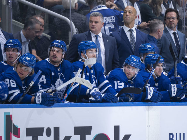 TORONTO, ON - OCTOBER 13: Assistant coaches Manny Malhotra, Dean Chynoweth, Spencer Carbery and head coach Sheldon Keefe of the Toronto Maple Leafs watch their team play the Washington Capitals during the first period at the Scotiabank Arena on October 13, 2022 in Toronto, Ontario, Canada.