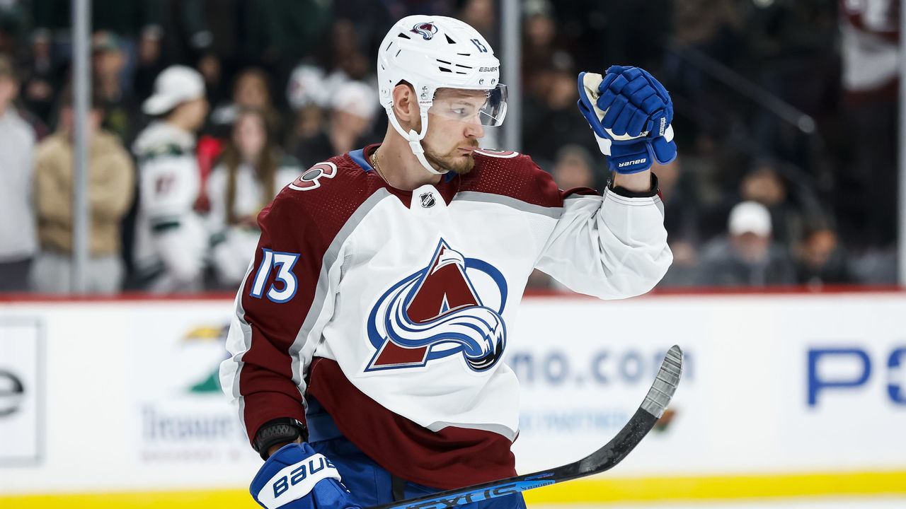 ST PAUL, MN - OCTOBER 17: Valeri Nichushkin #13 of the Colorado Avalanche celebrates his empty-net goal against the Minnesota Wild in the third period at Xcel Energy Center on October 17, 2022 in St Paul, Minnesota. The Avalanche defeated the Wild 6-3.