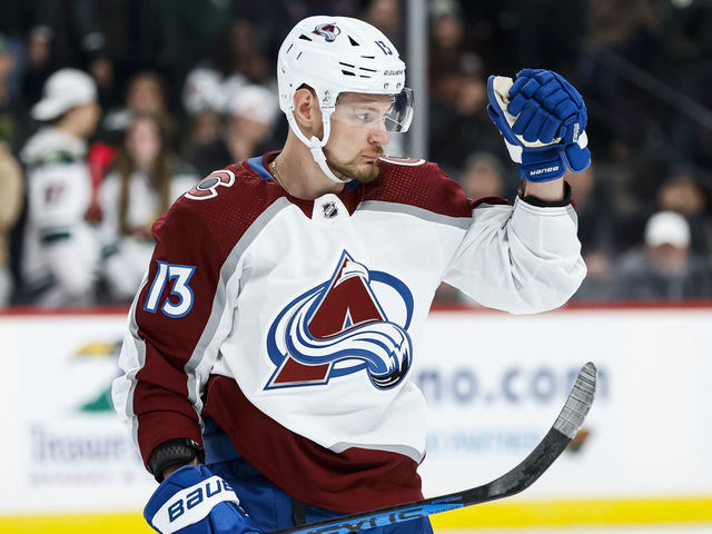ST PAUL, MN - OCTOBER 17: Valeri Nichushkin #13 of the Colorado Avalanche celebrates his empty-net goal against the Minnesota Wild in the third period at Xcel Energy Center on October 17, 2022 in St Paul, Minnesota. The Avalanche defeated the Wild 6-3.