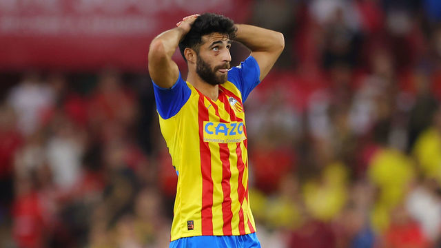 SEVILLE, SPAIN - OCTOBER 18: Eray Comert of Valencia CF looks dejected following their side's draw in the LaLiga Santander match between Sevilla FC and Valencia CF at Estadio Ramon Sanchez Pizjuan on October 18, 2022 in Seville, Spain.