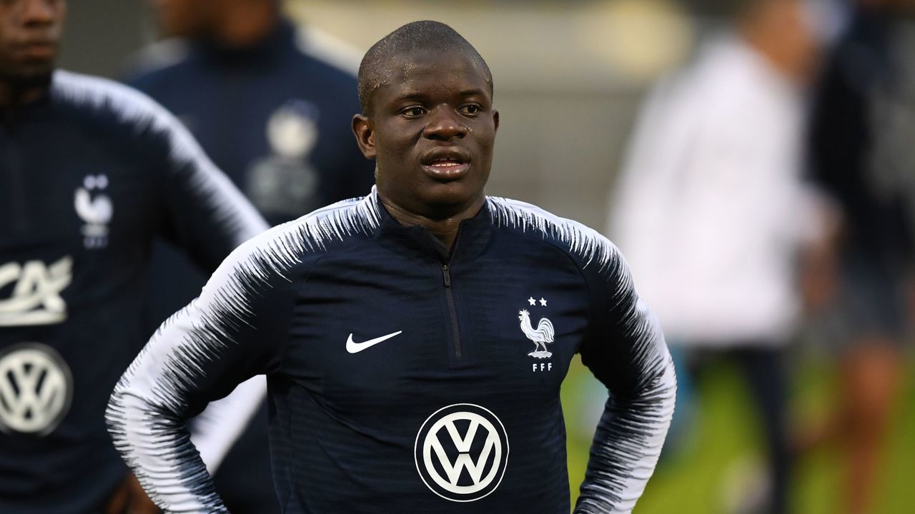 France's midfielder N'Golo Kante (C) looks on as he attends a French national football team training session in Clairefontaine-en-Yvelines, southwest of Paris on October 8, 2019, ahead of the Euro 2020 qualifying football match between Iceland and France.