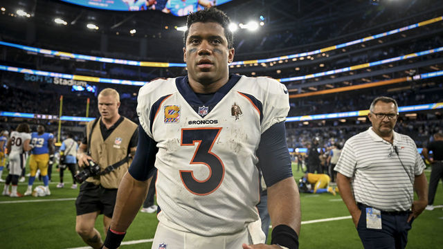 INGLEWOOD , CA - OCTOBER 17: Russell Wilson (3) of the Denver Broncos walks off the field after the fourth quarter of the Los Angeles Chargers 19-16 overtime win at SoFi Stadium in Inglewood, California on Monday, October 17, 2022.